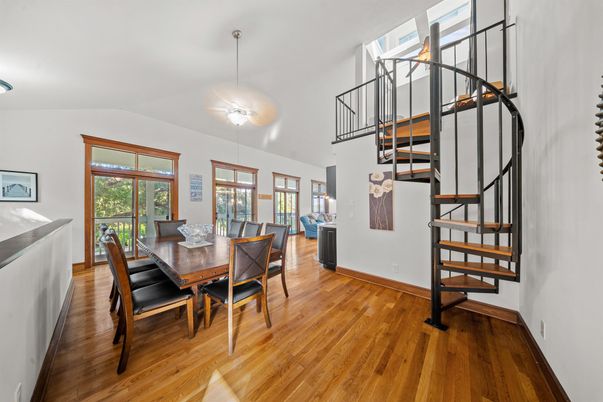 Dining room, Interior, Pendant Lights, Wood Texture Flooring
