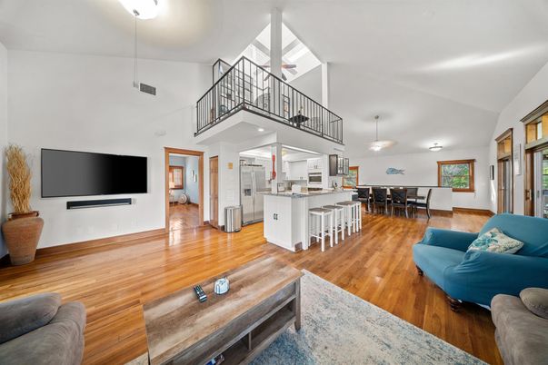 Dining room, Interior, Kitchen, Living room, Pendant Lights, Wood Texture Flooring