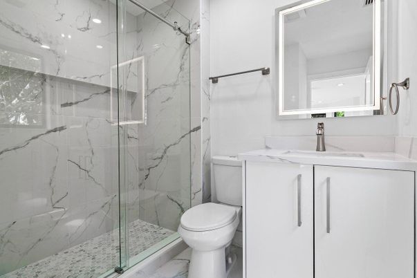 Bathroom, Glass Shower, Interior, Marble, Marble Walls, Recessed Lighting