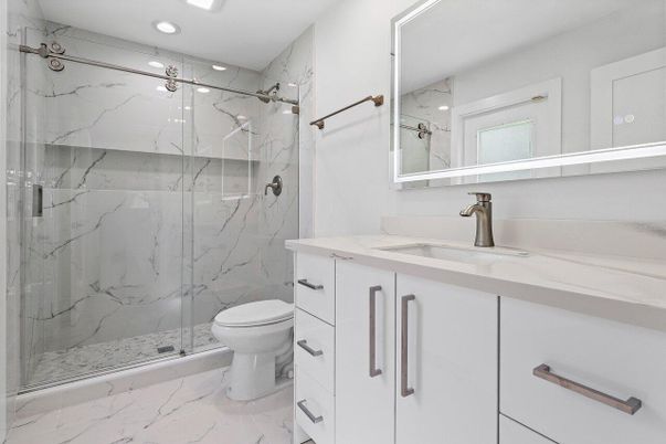 Bathroom, Glass Shower, Interior, Marble, Marble Walls, Recessed Lighting