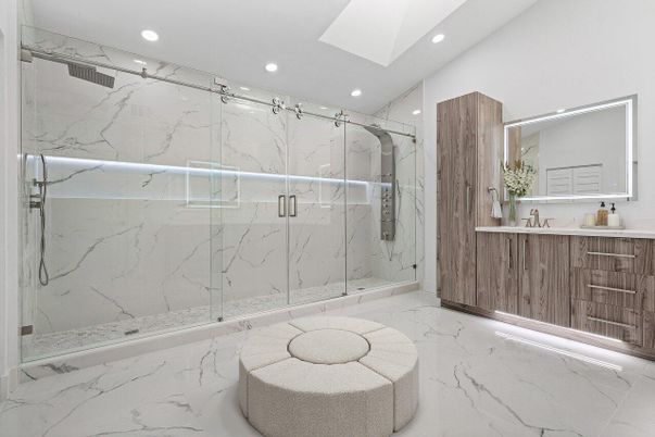 Bathroom, Glass Shower, Interior, Marble, Marble Walls, Recessed Lighting