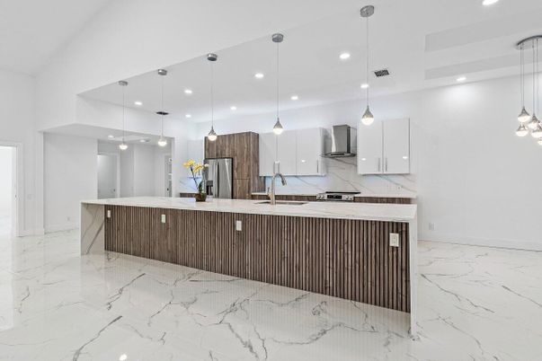 Interior, Kitchen, Marble, Pendant Lights, Recessed Lighting, Stainless Steel Appliances