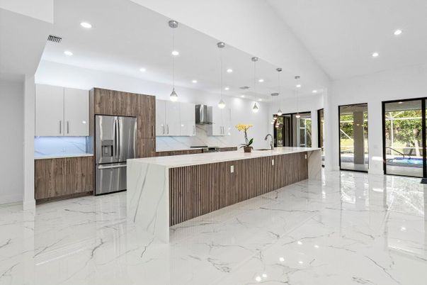 Interior, Kitchen, Marble, Pendant Lights, Recessed Lighting, Stainless Steel Appliances