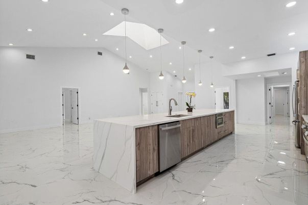 Interior, Kitchen, Marble, Pendant Lights, Recessed Lighting, Stainless Steel Appliances