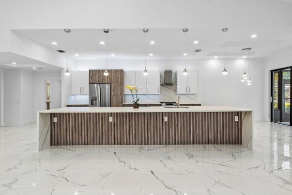 Interior, Kitchen, Marble, Pendant Lights, Recessed Lighting, Stainless Steel Appliances