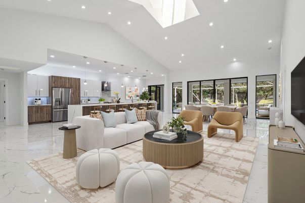 Dining room, Interior, Kitchen, Living room, Marble, Pendant Lights, Recessed Lighting, Stainless Steel Appliances