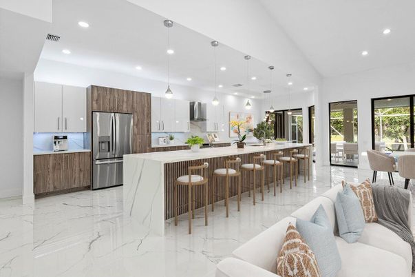 Interior, Kitchen, Marble, Pendant Lights, Recessed Lighting, Stainless Steel Appliances