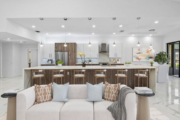 Interior, Kitchen, Living room, Marble, Pendant Lights, Recessed Lighting, Stainless Steel Appliances
