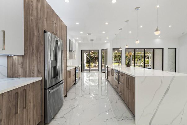 Interior, Kitchen, Marble, Pendant Lights, Recessed Lighting, Stainless Steel Appliances
