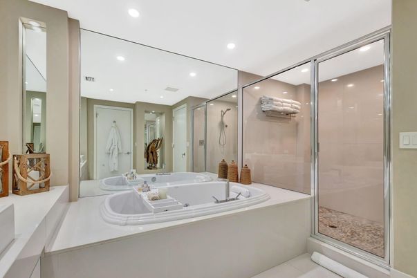 Bathroom, Dual Sink Vanities, Glass Shower, Interior, Recessed Lighting