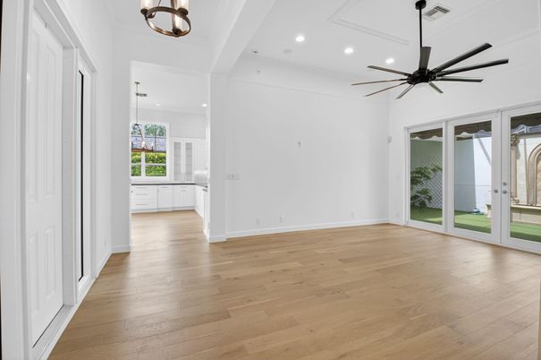Empty room, Interior, Pendant Lights, Recessed Lighting, Wood Texture Flooring