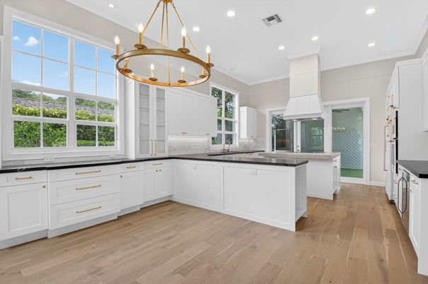 Chandelier, Interior, Kitchen, Pendant Lights, Recessed Lighting, Wood Texture Flooring