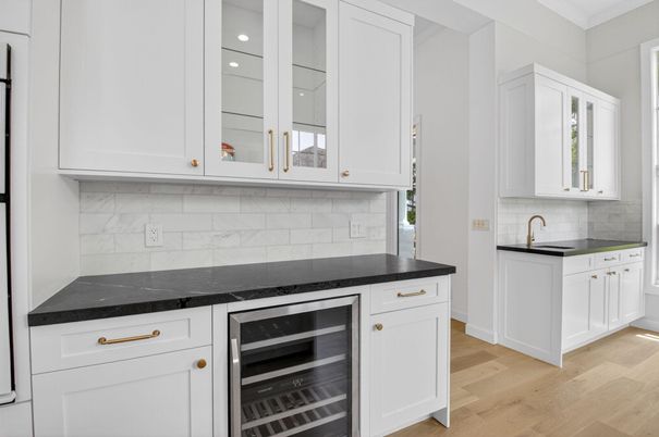 Interior, Kitchen, Marble Walls, Stainless Steel Appliances, Wood Texture Flooring