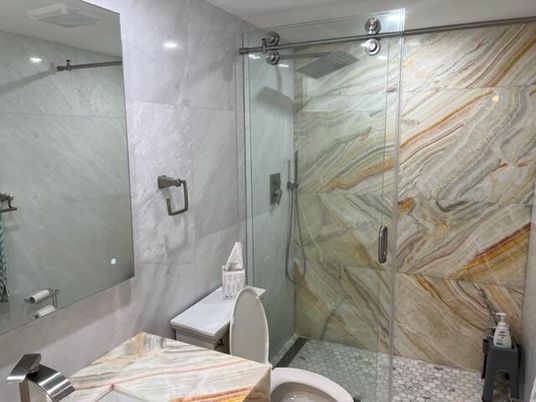 Bathroom, Glass Shower, Interior, Marble Walls, Recessed Lighting