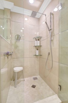 Bathroom, Glass Shower, Interior, Recessed Lighting