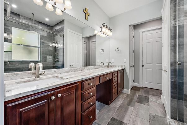 Bathroom, Dual Sink Vanities, Glass Shower, Interior, Recessed Lighting