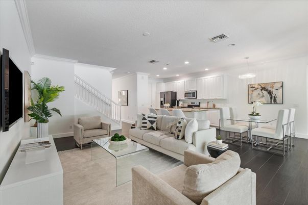 Dining room, Interior, Kitchen, Living room, Pendant Lights, Recessed Lighting, Stainless Steel Appliances, Wood Texture Flooring