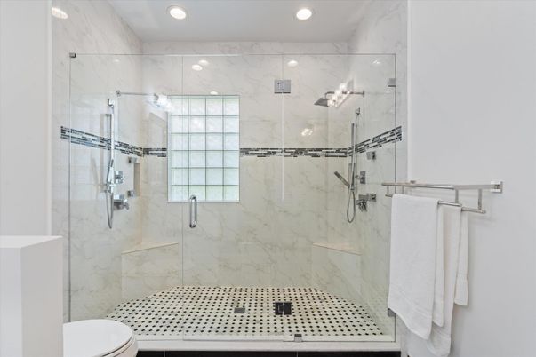 Bathroom, Glass Shower, Interior, Marble Walls, Recessed Lighting