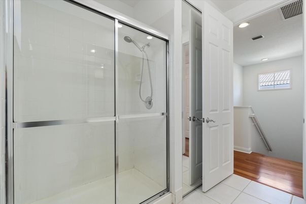 Bathroom, Glass Shower, Interior, Recessed Lighting, Wood Texture Flooring