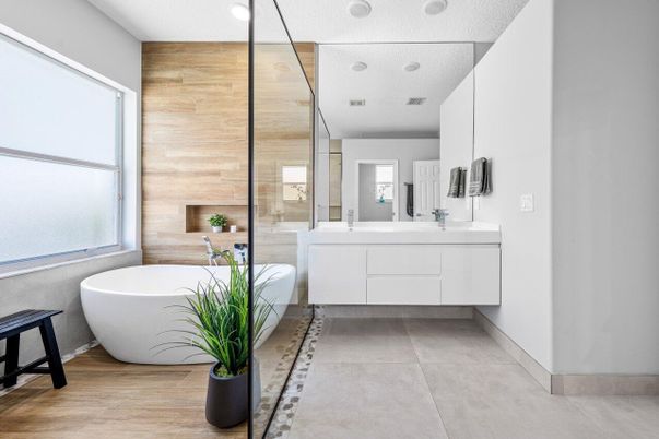 Bathroom, Dual Sink Vanities, Free Standing Baths, Glass Shower, Interior, Recessed Lighting, Wooden Walls