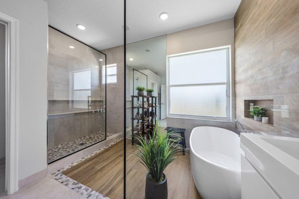 Bathroom, Free Standing Baths, Glass Shower, Interior, Recessed Lighting
