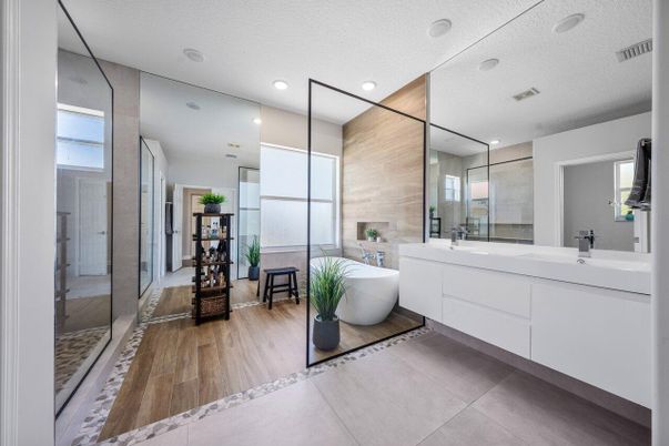 Bathroom, Dual Sink Vanities, Free Standing Baths, Glass Shower, Interior, Recessed Lighting, Wood Texture Flooring