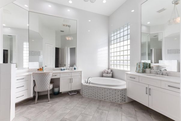 Bathroom, Dual Sink Vanities, Interior, Pendant Lights, Recessed Lighting