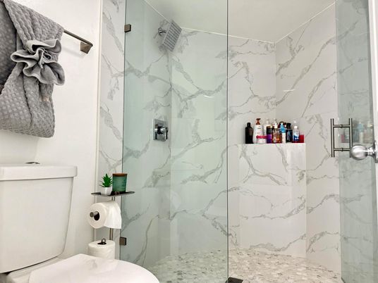 Bathroom, Glass Shower, Interior, Marble Walls