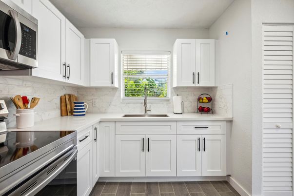Interior, Kitchen, Marble Walls, Stainless Steel Appliances, Wood Texture Flooring