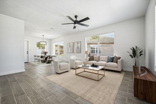 Dining room, Interior, Living room, Pendant Lights, Wood Texture Flooring