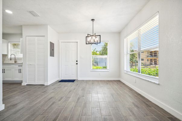 Empty room, Interior, Pendant Lights, Recessed Lighting, Wood Texture Flooring