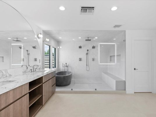 Bathroom, Dual Sink Vanities, Free Standing Baths, Glass Shower, Interior, Recessed Lighting