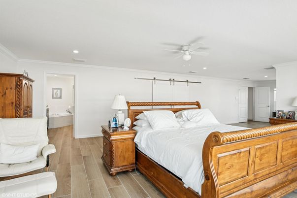 Bedroom, Interior, Recessed Lighting, Wood Texture Flooring