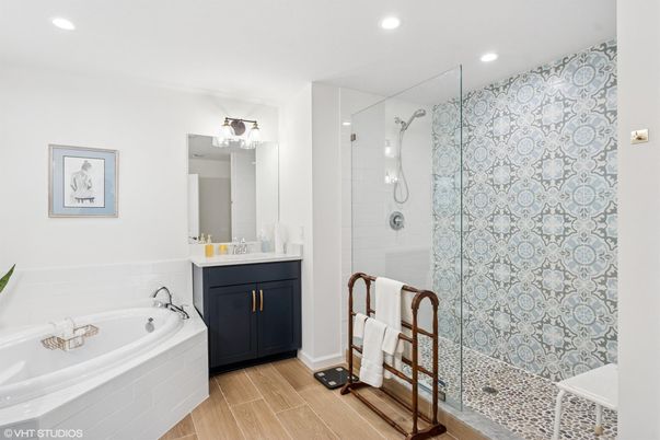 Bathroom, Glass Shower, Interior, Recessed Lighting, Wood Texture Flooring