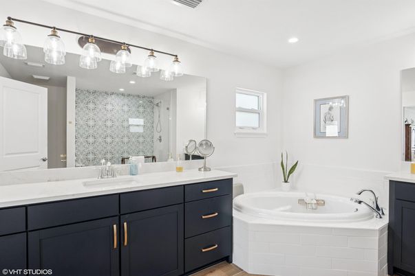 Bathroom, Dual Sink Vanities, Interior, Recessed Lighting, Wood Texture Flooring