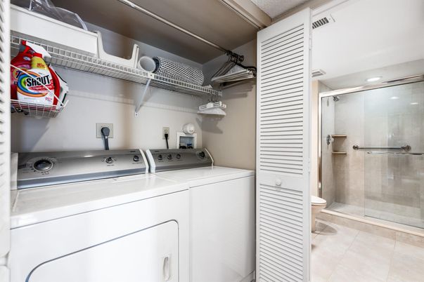 Bathroom, Glass Shower, Interior, Recessed Lighting, Utility Closets, Washer