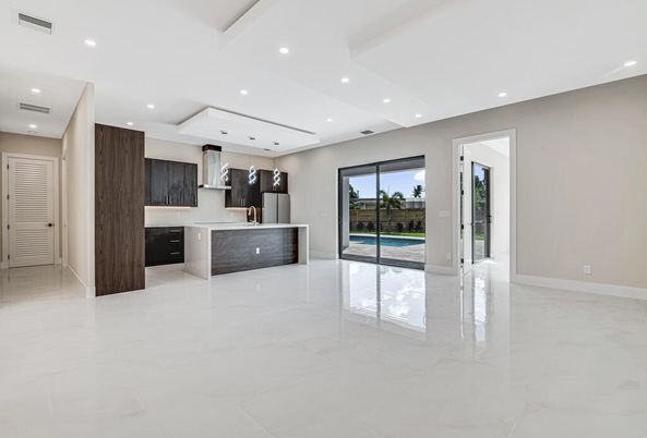 Interior, Kitchen, Marble, Pendant Lights, Recessed Lighting, Stainless Steel Appliances