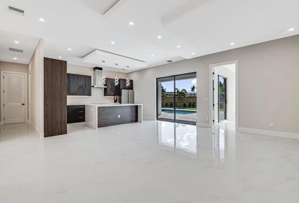 Empty room, Interior, Kitchen, Marble, Pendant Lights, Recessed Lighting
