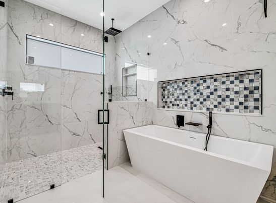 Bathroom, Free Standing Baths, Interior, Marble Walls, Recessed Lighting