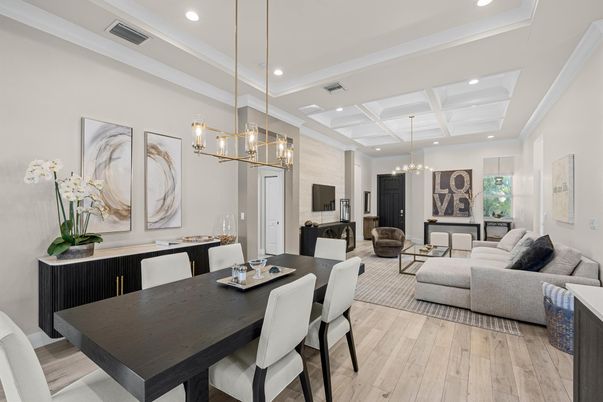 Chandelier, Dining room, Interior, Living room, Pendant Lights, Recessed Lighting, Wood Texture Flooring