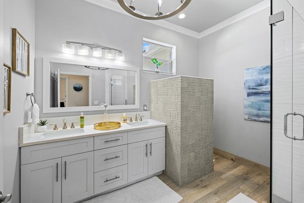 Bathroom, Dual Sink Vanities, Glass Shower, Interior, Recessed Lighting, Wood Texture Flooring
