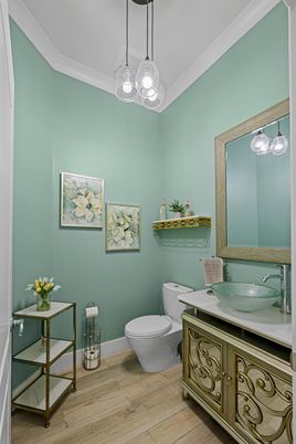 Bathroom, Interior, Pendant Lights, Wood Texture Flooring