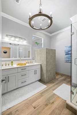 Bathroom, Dual Sink Vanities, Interior, Pendant Lights, Wood Texture Flooring