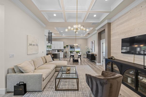 Chandelier, Dining room, Interior, Kitchen, Living room, Pendant Lights, Recessed Lighting, Stainless Steel Appliances, Wood Texture Flooring