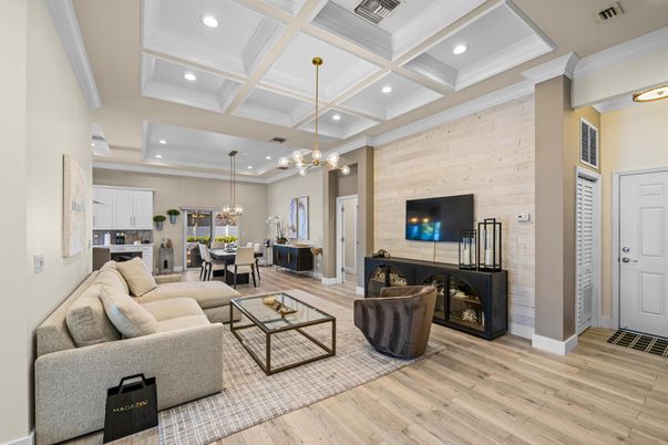 Dining room, Fireplace, Interior, Kitchen, Living room, Pendant Lights, Recessed Lighting, Wood Texture Flooring, Wooden Walls