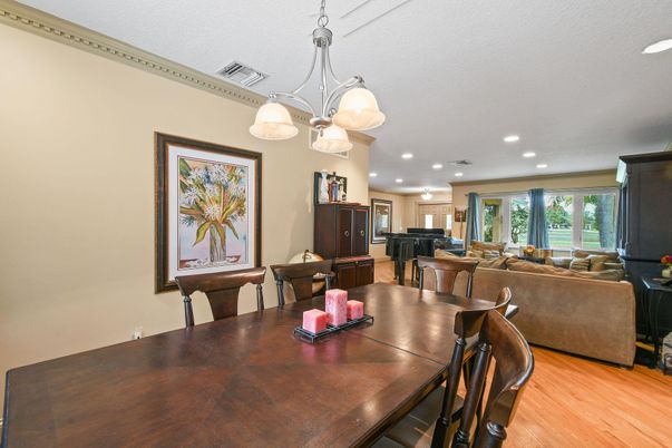 Dining room, Interior, Living room, Pendant Lights, Recessed Lighting, Wood Texture Flooring
