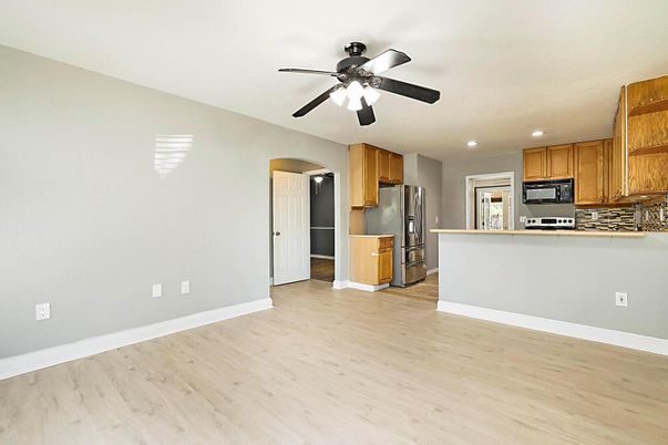Interior, Kitchen, Recessed Lighting, Stainless Steel Appliances, Wood Texture Flooring