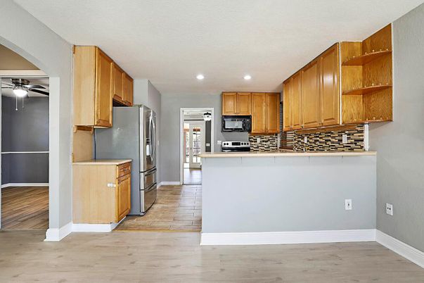 Interior, Kitchen, Recessed Lighting, Stainless Steel Appliances, Wood Texture Flooring