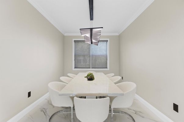 Dining room, Interior, Marble, Pendant Lights