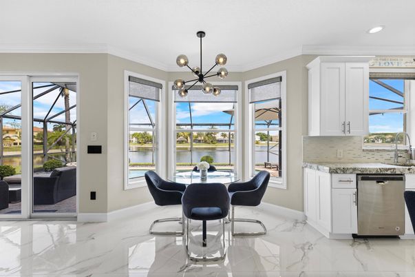 Dining room, Glass Ceilings, Interior, Kitchen, Marble, Pendant Lights, Recessed Lighting, Sun Room, Water